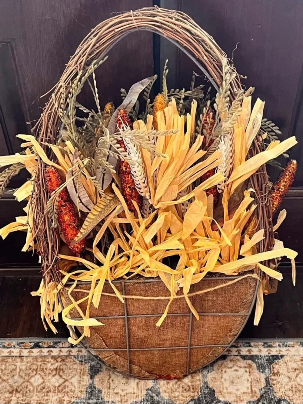 Rustic Autumn Wall Basket with Yellow and Brown Foliage